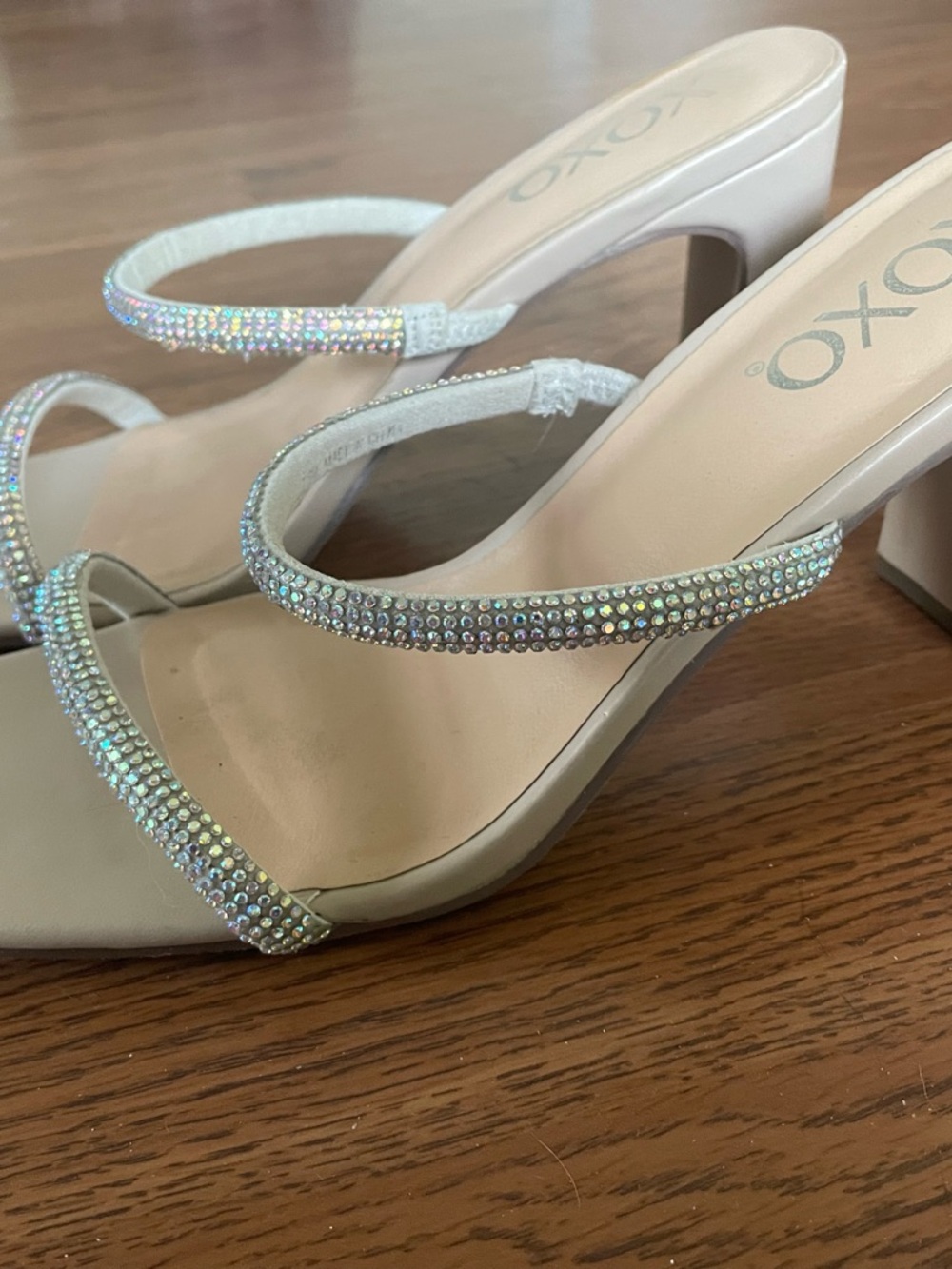 XOXO Iridescent Crystal Strap White Block Heel Sandals